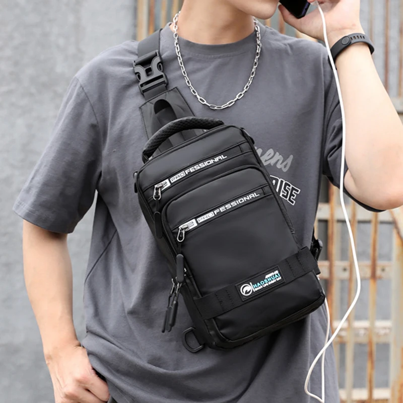 Fashion Nylon Backpack Daypack Men Cross body Chest Bags Pack with USB Charging Port Travel Male Knapsack Rucksack Messenger Bag