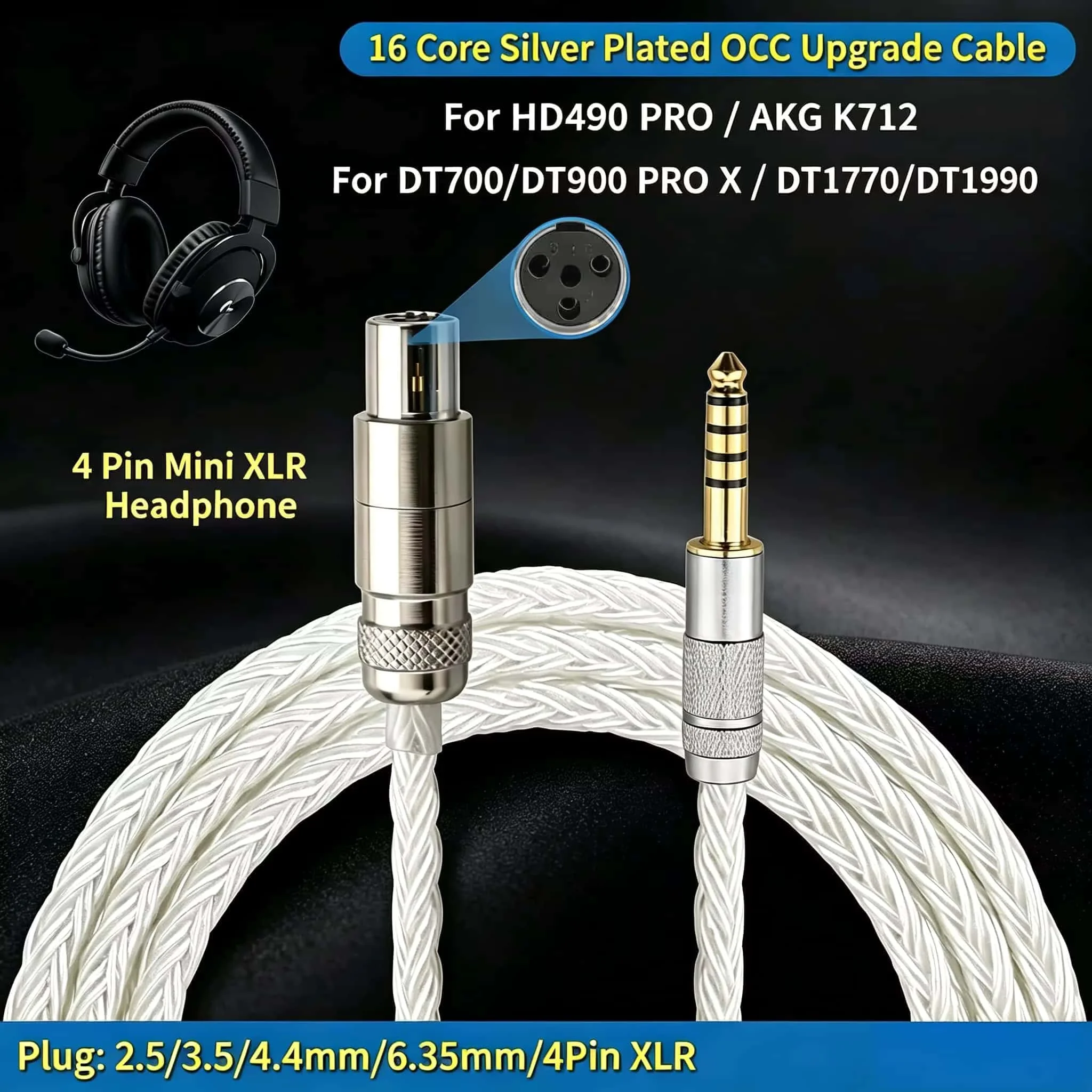 Headphone Cable 16 Core Silver Plated Hifi Audiophile Upgrade Cable for Sennheiser HD490 PRO AKG K712 K702 Q701 DT990 DT1770