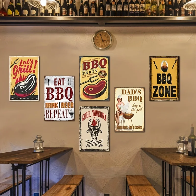 ديكور الغرفة 6 قطع مجموعة لافتات معدنية من القصدير للشواء الرجعية، لوحات فنية جدارية لحفلات الشواية العتيقة، 30.48 × 20.32 سم للمنزل والمطعم