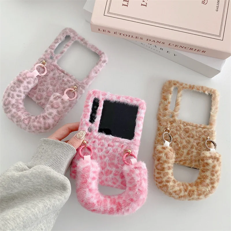 Luxus Leopardenmuster Plüsch Handyhülle für Samsung Galaxy Z Flip 7 3 4 5 6 Zflip7 FE mit Armband stoßfeste Schutzhülle