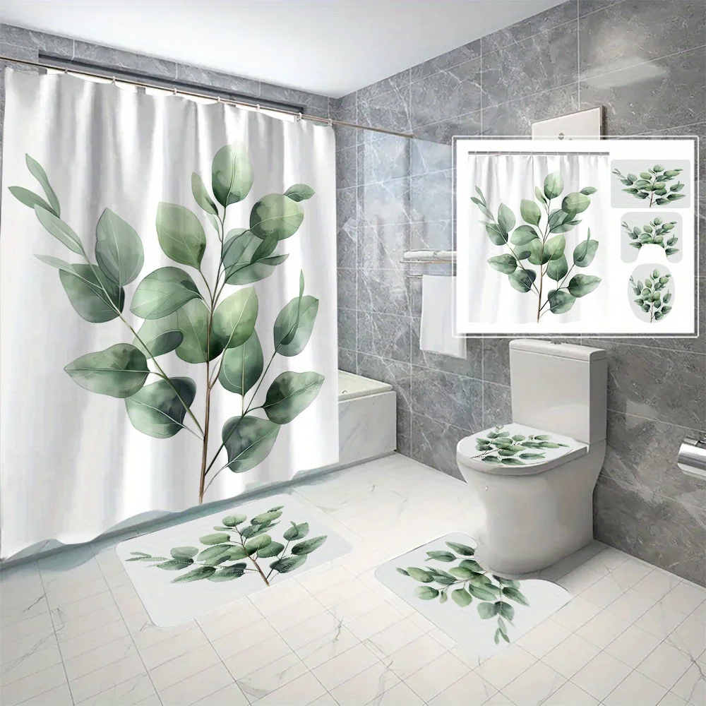 

4-панельная занавеска для душа из полиэстера с принтом зеленого листа и крючками, элегантный ботанический дизайн, можно стирать в машине