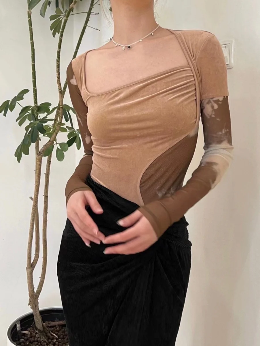 

Женская футболка из вельвета с принтом, длинная, с большим воротником, асимметричная, с цветочным принтом, из сетчатой ткани, с эффектом окрашивания, с принтом и цветочным узором