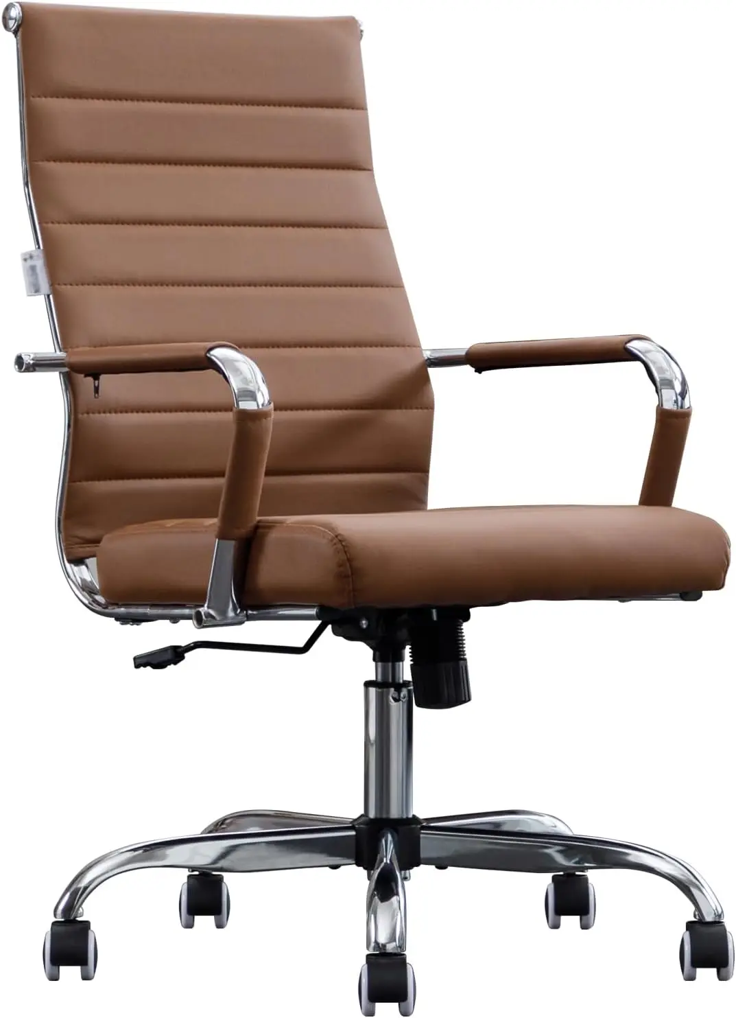 Modern High Back Executive Conference Office Chair with Arms, Adjustable Swivel, Ribbed Leather Upholstery, Brown