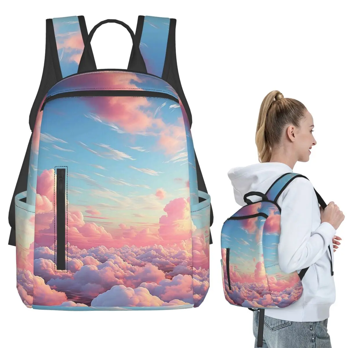 Pink Clouds Sky Large Sunset Glow Backpack Student BookBag Kids School Bag Laptop Shoulder Bags Men Women
