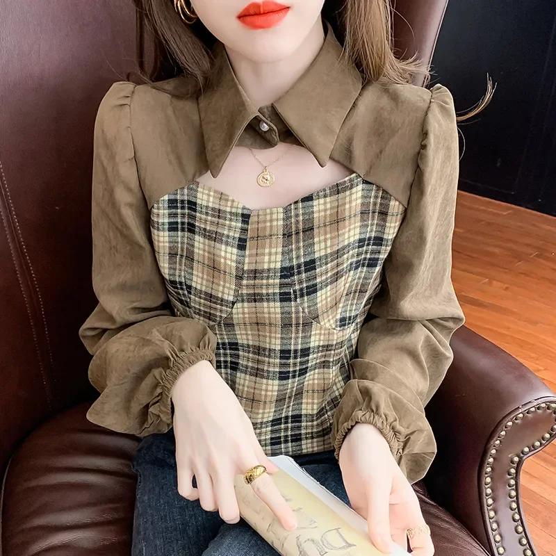 

Design Niche Hollow Shirt Women's New Spring and Autumn Plaid Splicing Chic Long-sleeved Top