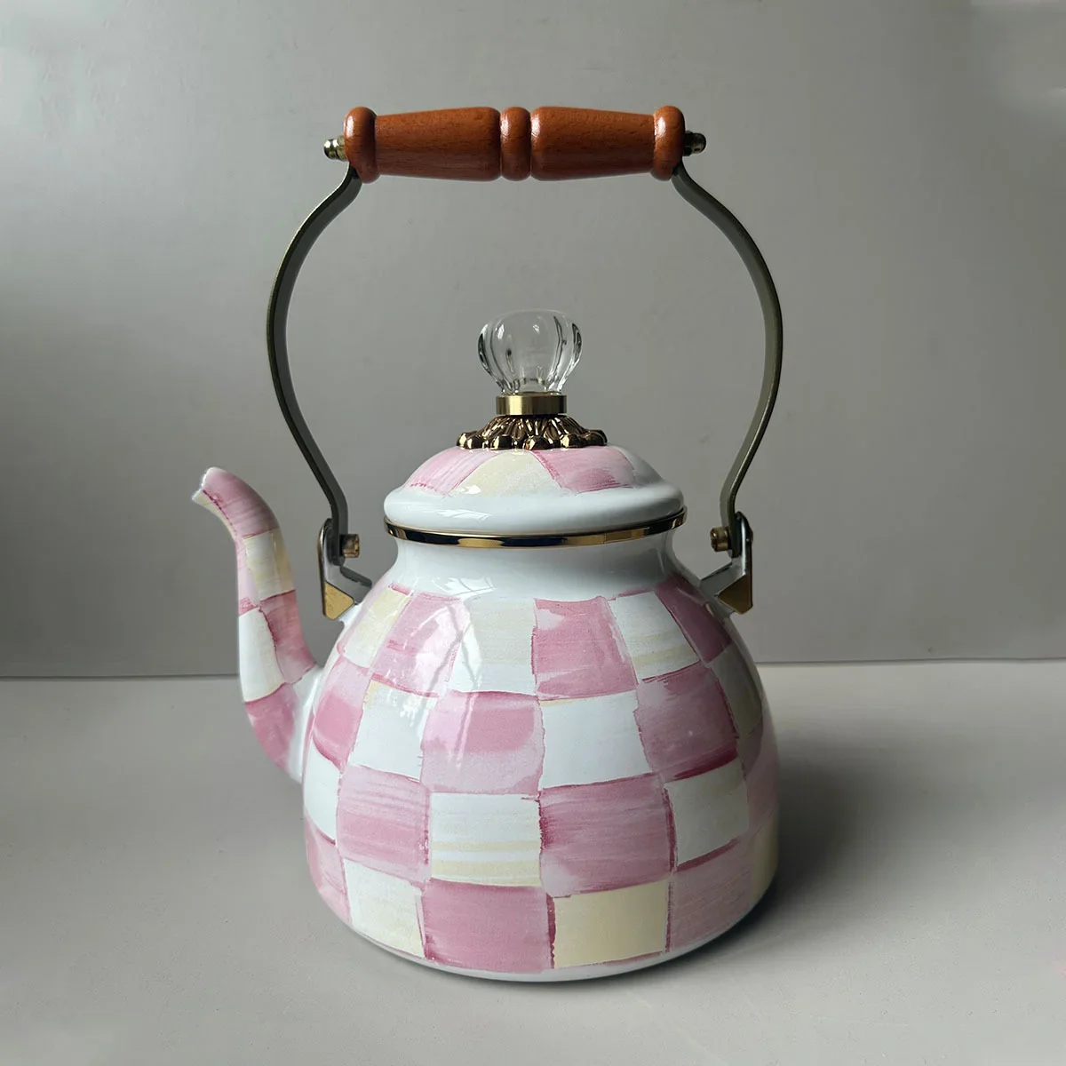 European Handmade Enamel Teapot Coffee Pot Kettle Hand Drawn American Oil Painting Style Black White Checkered Enamel Kettle