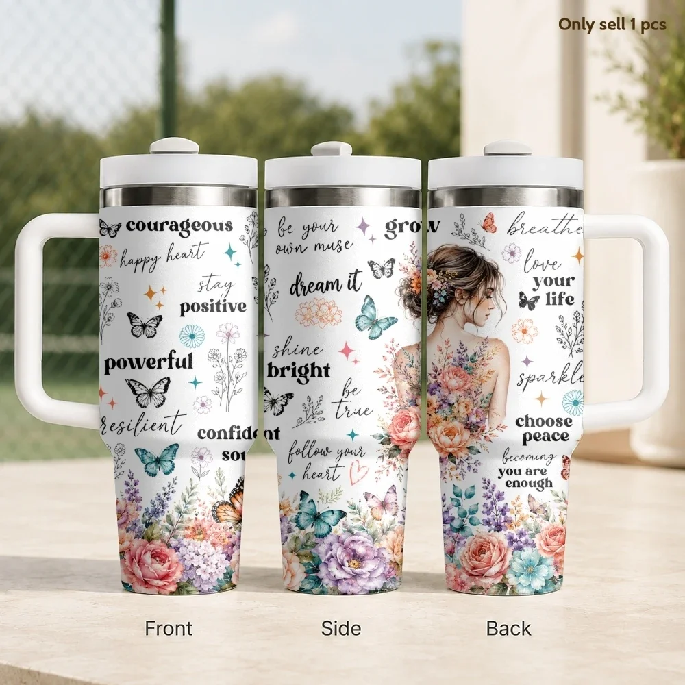 Floral Women Positive Quote Vacuum Flasks 40oz Stainless Steel Insulated Tumbler With Handle & Straw Leakproof Travel Mug