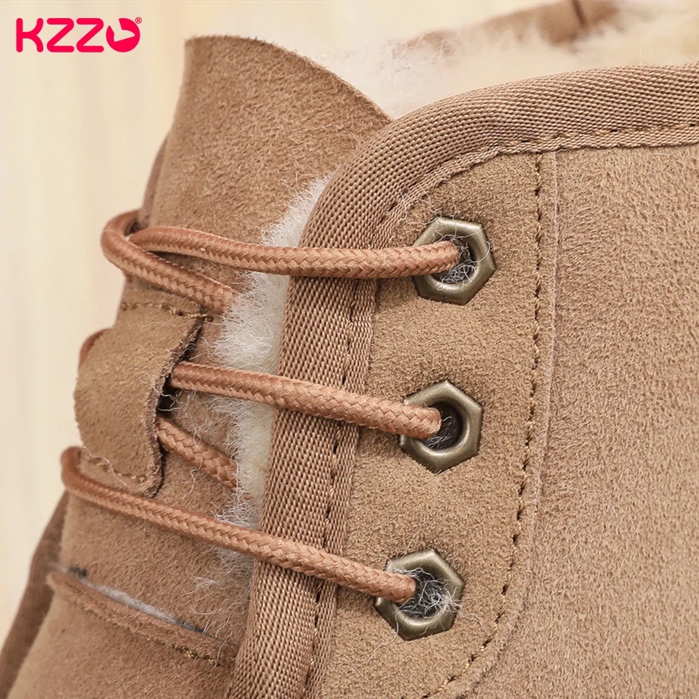 KZZO Men\'s Large Size 37-48 Winter Sheepskin Snow Boots Lace-up Australia Genuine Leather Natural Fur Wool Lined Ankle Warm Shoe