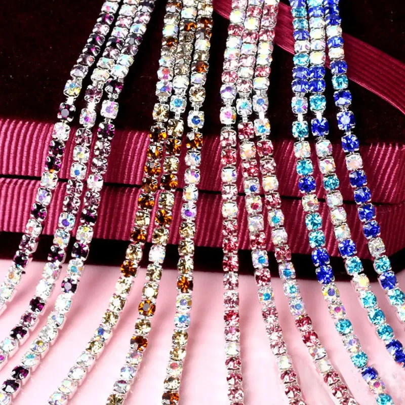 High Density Mix Gradient Color AB Claw Rhinestone Chain Apparel Fine Claw Chain Silver Crystals Diamond Diy Silver Base Strass