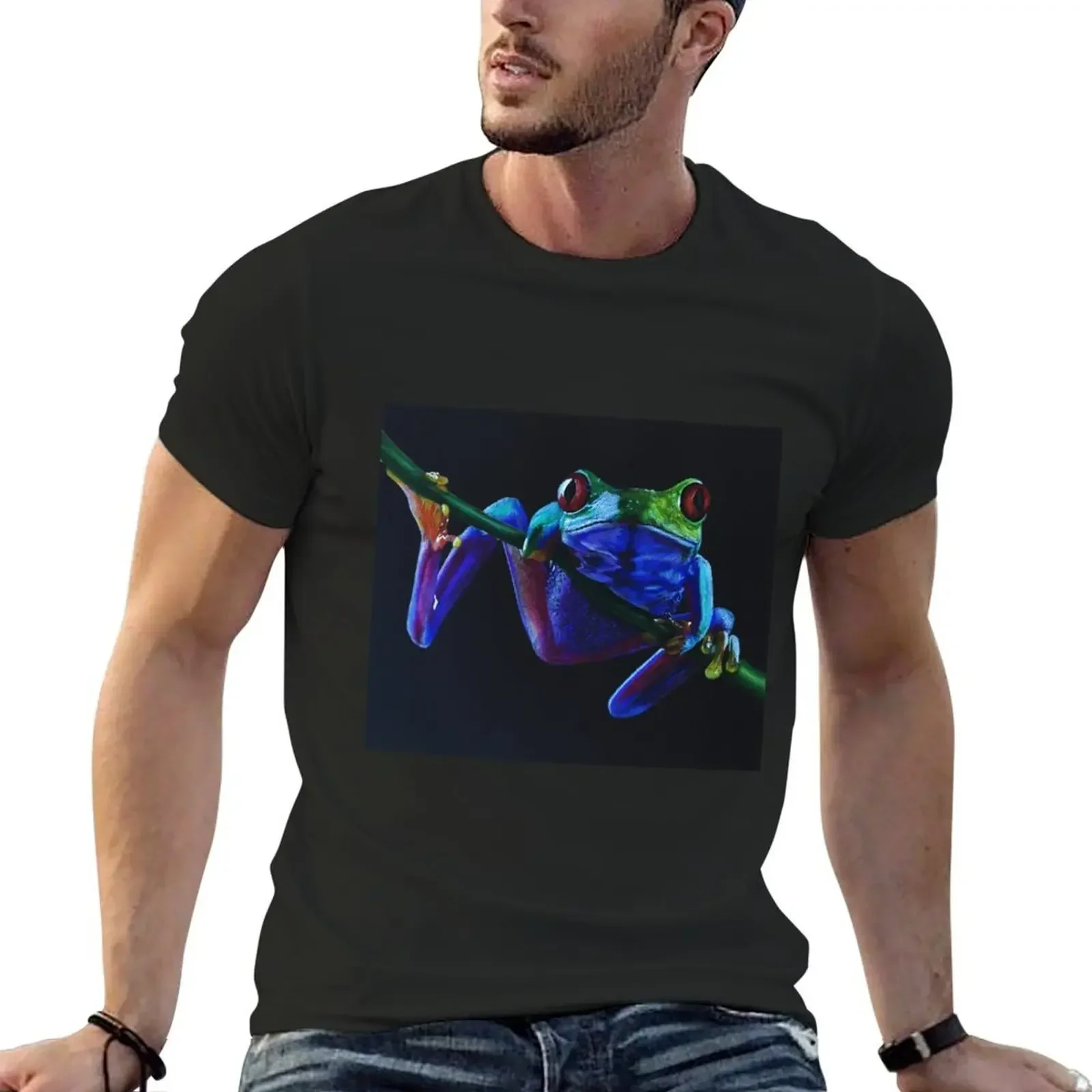 Rainforest Tree Frog Colored Pencil Drawing T-Shirt anime stuff summer top tshirts for men