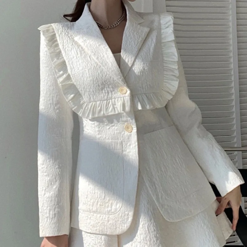 Women Two Piece Suit Set Jacket New High Waisted Coat Black White Retro Ruffled Jacket Spring Autumn Aesthetic 2023 Office Suits