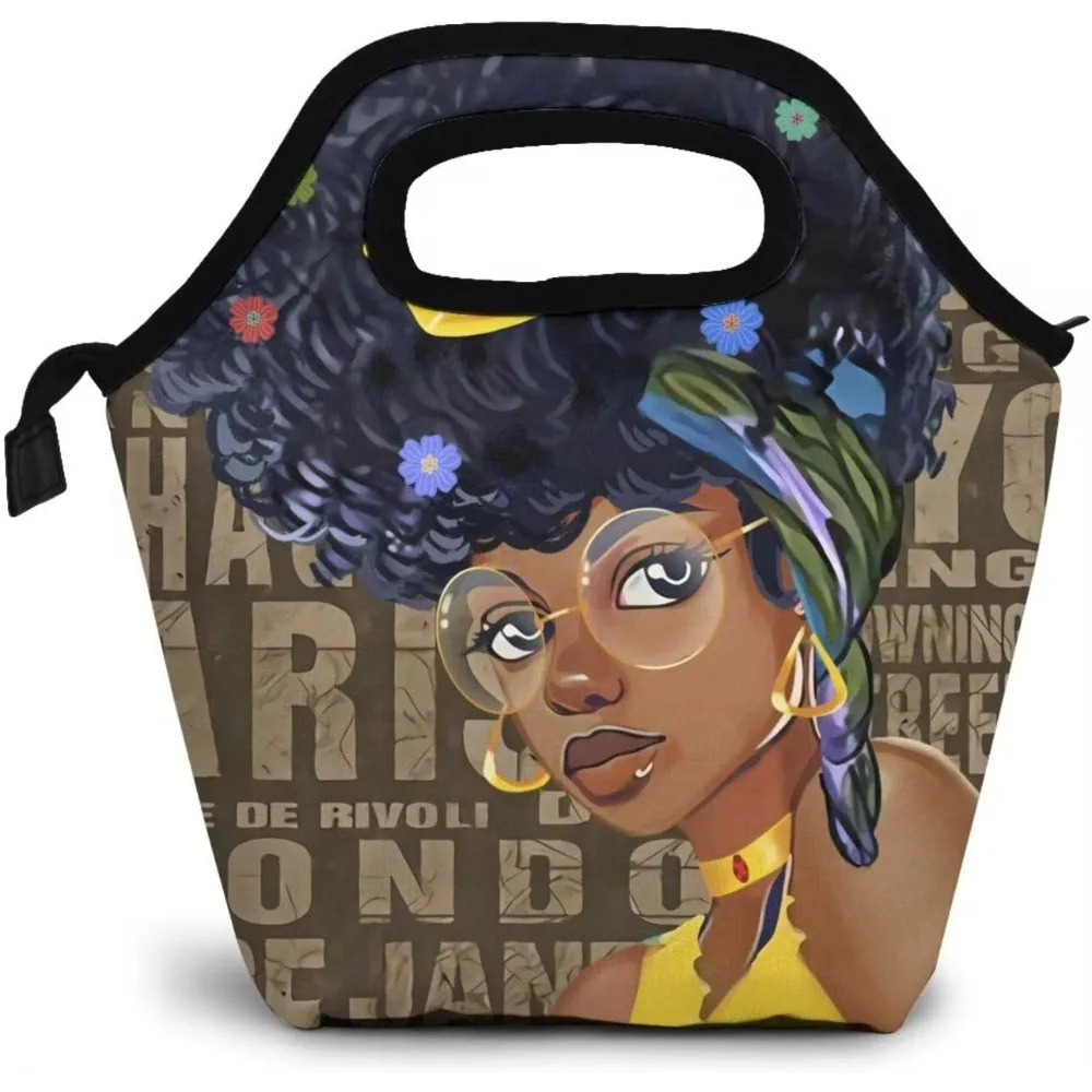 African American Women Lunch Bag Black Girl Handbag Lunch Kit Insulated Cooler Box for Travel Picnic Work School Reusable