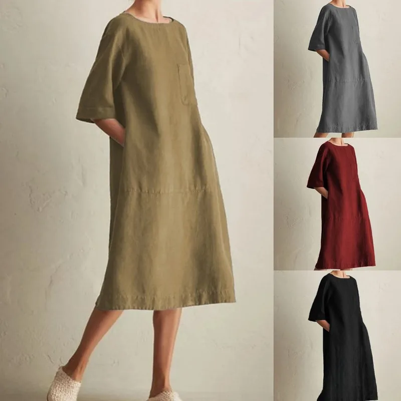

European And American Plus Size Women Casual Round Neck Mid Sleeve Breathable Linen Pocket Summer Dress Comfortable Loose Fit