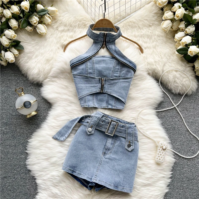 Sexy Women Summer Denim Jeans Halter Tops Mini Skirt Outfits Suits Backless Sashes Chic Style Bodycon High Waist Vestidos