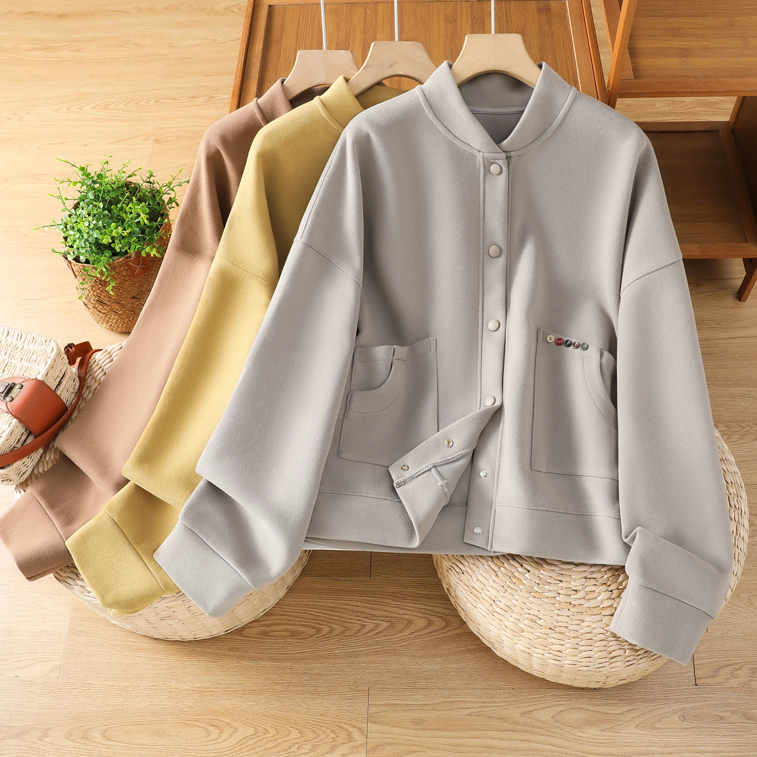 ربيع الخريف Faion محبوك القطن البلوز Jaet المرأة عادية الوقوف طوق البيسبول الرياضة المفتوحة سترة أزرار ملابس خارجية