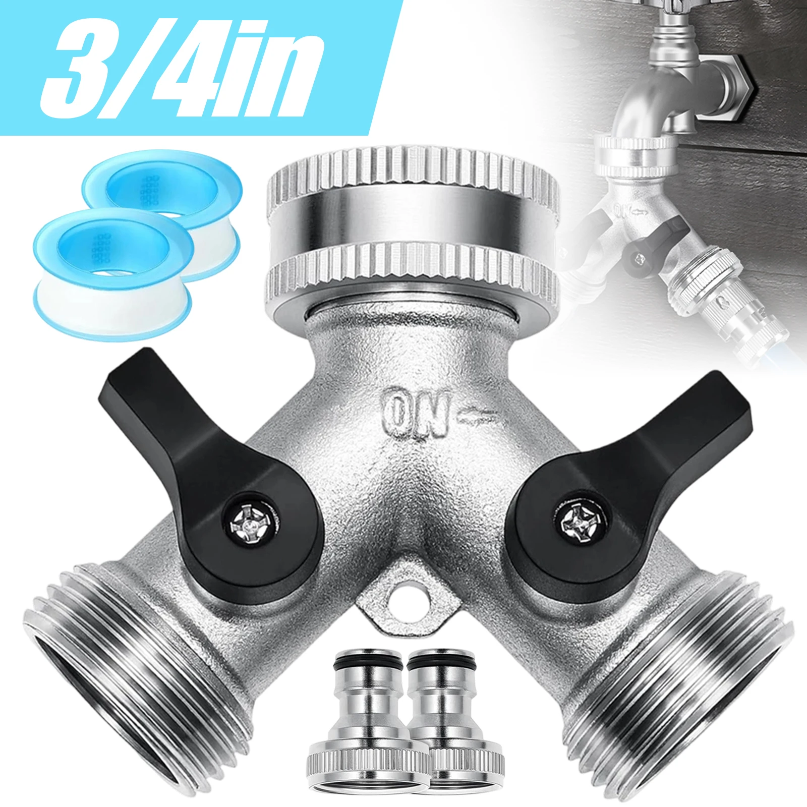 Adaptateur de distribution d'eau polyvalent à 2 voies, filetage 3/4 pouce, équipé de 2 connecteurs assortis, 4 joints anti-fuite et 2 bandes d'étanchéité, répartiteur de conduite pratique pour les projets de raccordement de lave-vaisselle, machine à laver et réservoir d'eau