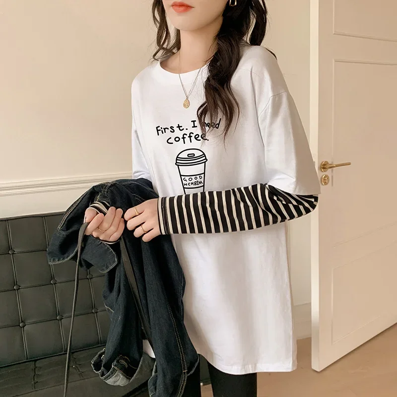 Harajuku pure cotton Long Sleeve cartoon printed T-shirt for Women Y2k Aesthetic Tops Striped patchwork fake two pieces T Shirt