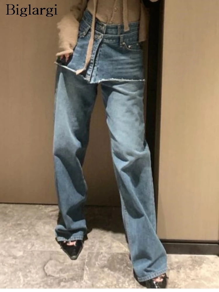 

Jeans Autumn High Waist Patchwork Long Pant Women Loose Pleated Korean Style Ladies Trousers Fashion Retro Woman Straight Pants