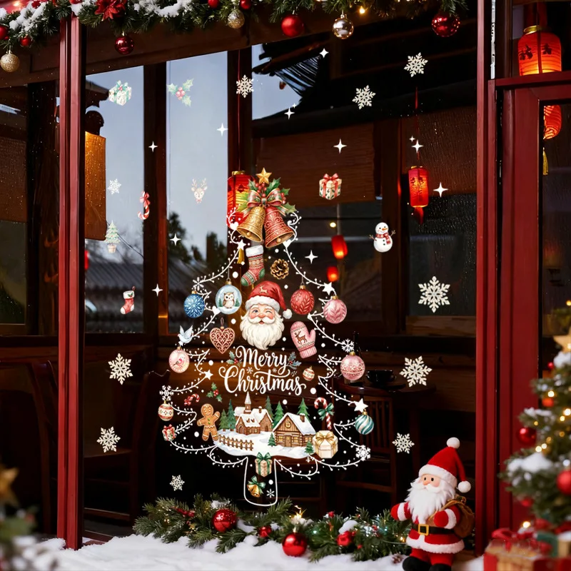 Christmas tree holiday decorations static glass door stickers old man gloves light ball snowflake mall layout