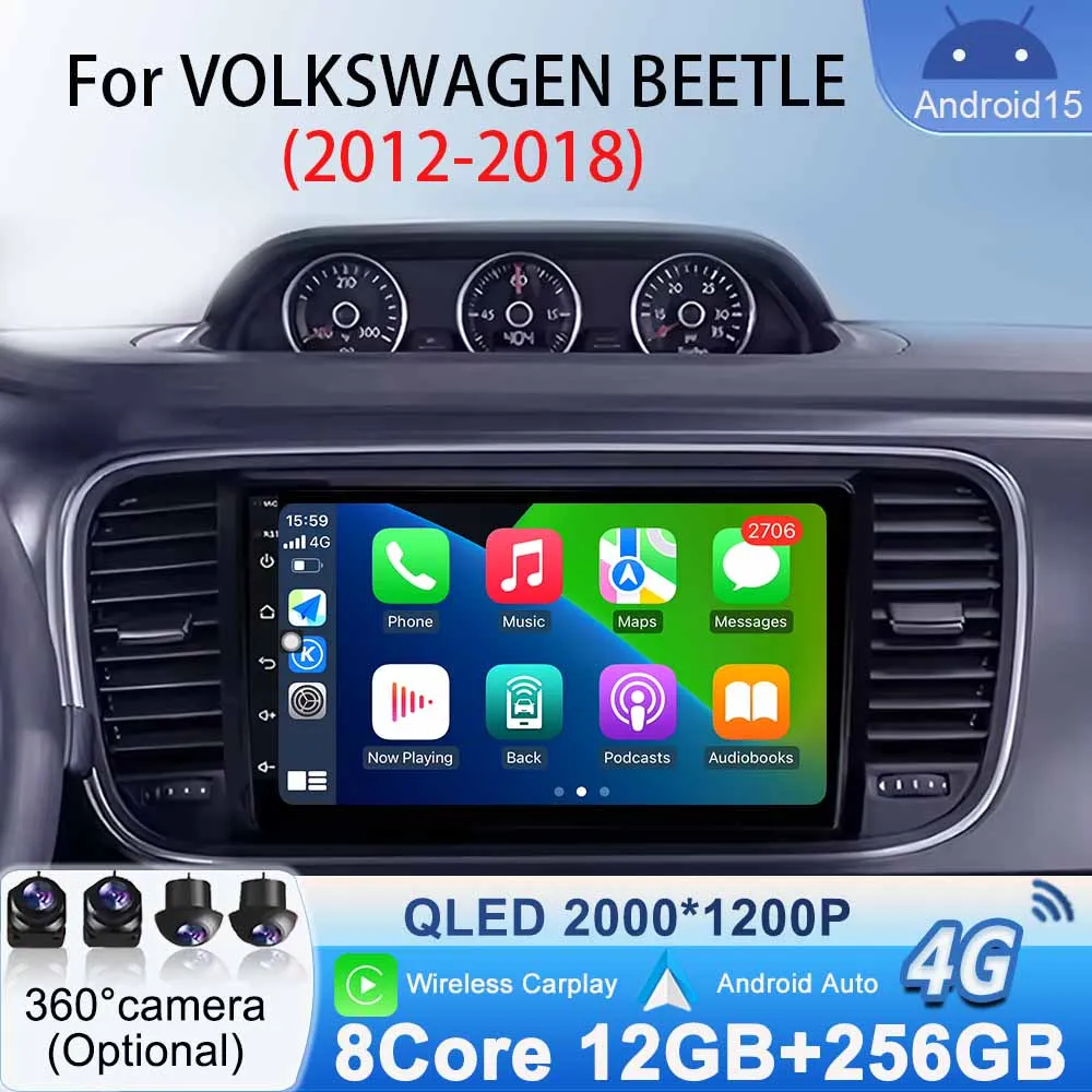 Car Radio Android Auto Wireless Carplay for VOLKSWAGEN BEETLE 2012 - 2018 GPS Navigation Android 15 WiFi Multimedia Video Player