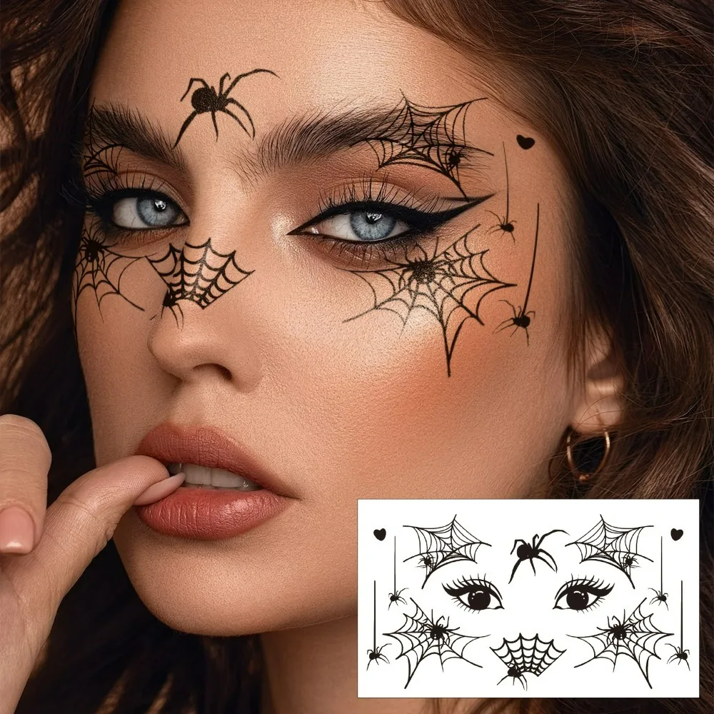 10pcs Halloween Spider Series Temporary Tattoo Stickers Face Tattoos Black Spider and Web Patterns Artistic Face and Eye Corner