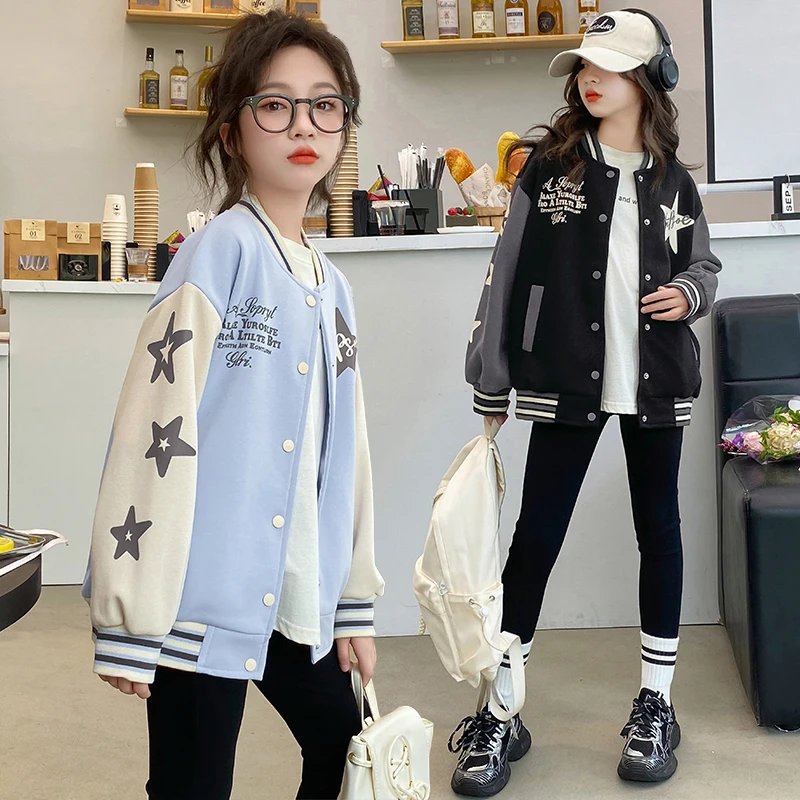 New Girl's Spring Autumn Long Sleeve Baseball Jacket Children's Sports Jacket Campus Round Neck Hoodie Boys' Winter Warm Coat