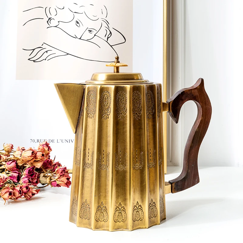 European imported carved wood handle brass cold kettle