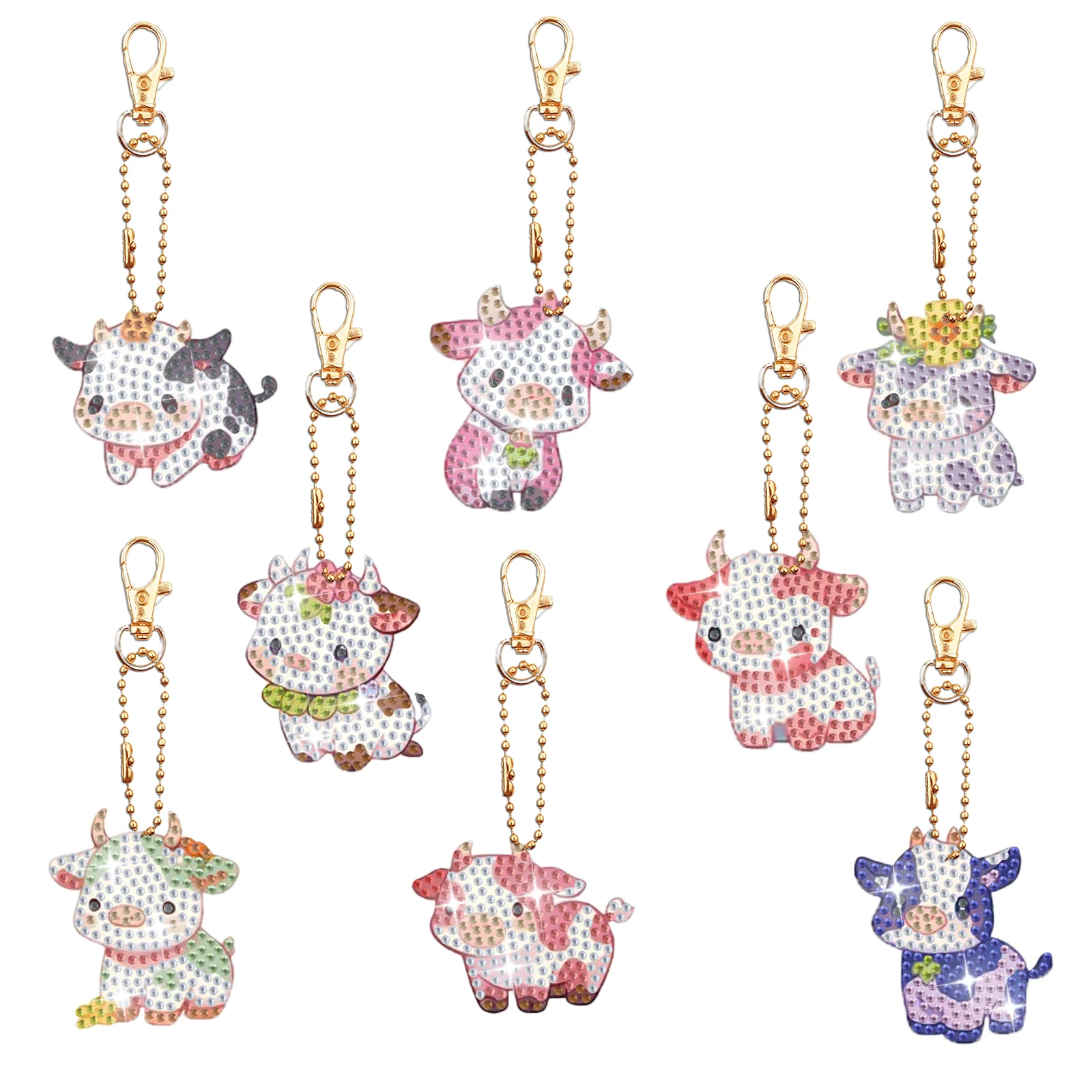 

8PCS/set DIY Acrylic Diamond Painting Keychain/Bag Hanging Decoration with Double-Sided with Cow/Colorful Cat/Cock Pattern Desig