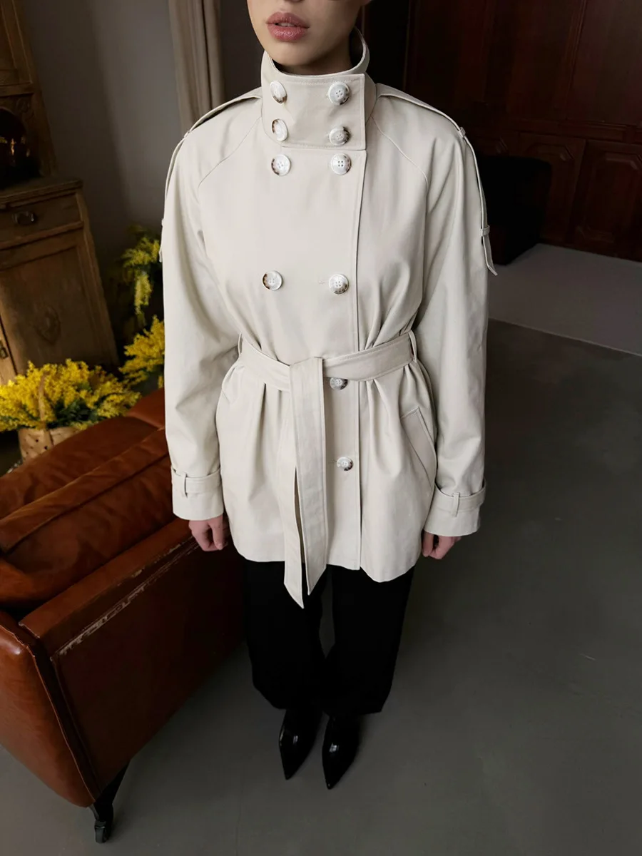 Casual Solid Loose Coat Women Long Sleeve Double Breasted Stand Collar Lace-Up Jacket Female 2026 Autumn Chic Female Coats