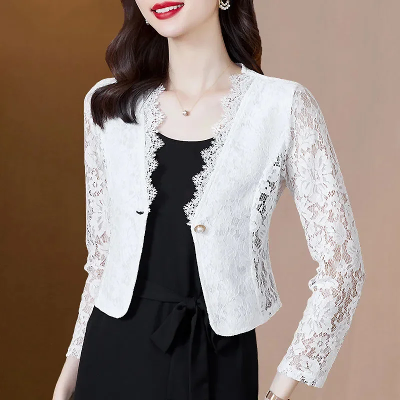 Primavera verão curto ternos de renda jaqueta feminina 2025 novo decote em v oco para fora cardigan terno casaco moda única fivela blazer feminino
