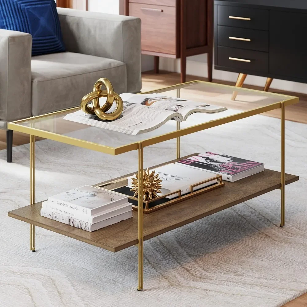 

Mid-Century Rectangle Coffee Table Glass Top and Rustic Oak Storage Shelf with Sleek Brass Metal Legs, Suitable for Living Room