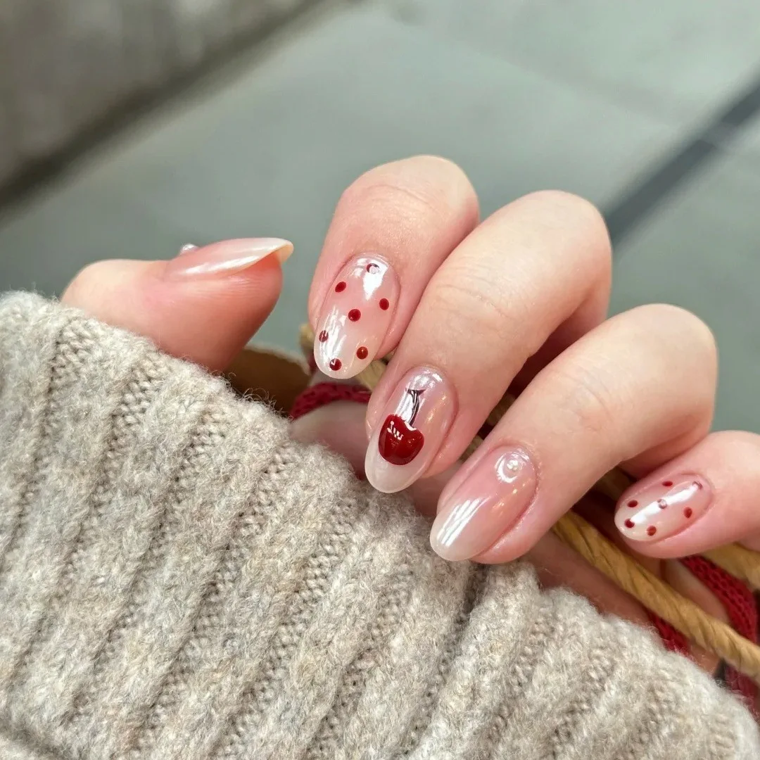 10pcs Handmade Short Oval Press on Nails Red Cherry Polka Dots Aurora Design Sweet Cute False Nails Wearable Nails Art Tips
