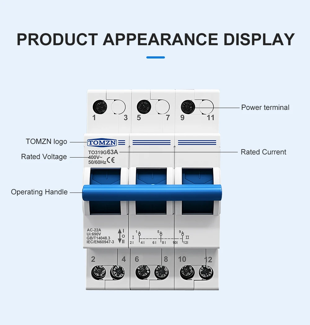 TOMZN 3P 380V AC 40A 63A MTS Manueller Doppelstrom-Umschalter mit Verriegelungsschutzschalter – Detail 9