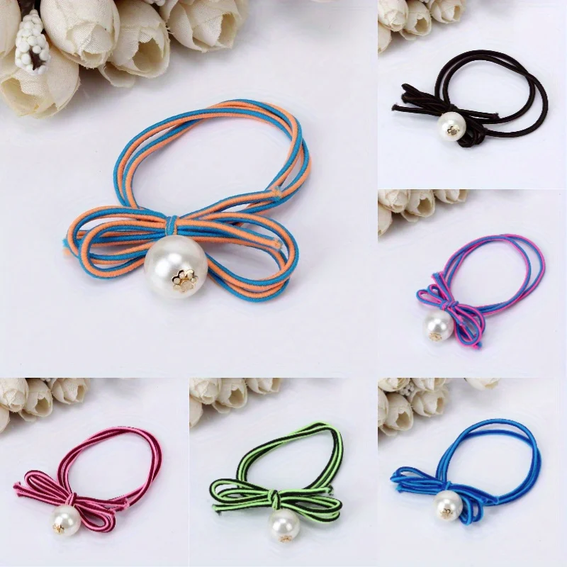 

Color Block Scrunchie with Pearl and Bow Design Hair Tie for Ponytail Minimalist Elegant Style Daily Hair Accessories for Women