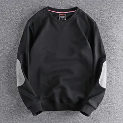 Spring New American Retro Sleeve Patch Solid Color Sweatshirt Men's Simple 100% Cotton Washed Pullover Loose Casual Sportwear