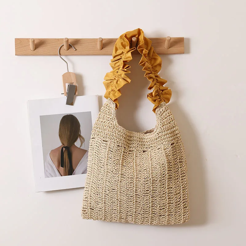 Tas Anyaman Jerami dengan Ruffle, Tas Selempang Warna Solid Model Terbaru, Tas Pantai Liburan, Tas Bahu Wanita, Tas Tangan Wanita Unik