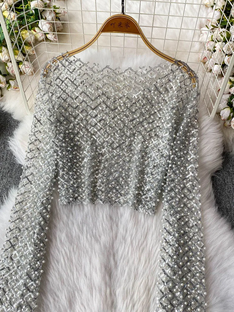 2025 mode Streetwear paillettes résistant au soleil Blouses Sexy perle perles culture hauts femmes col rond manches longues chemises transparentes