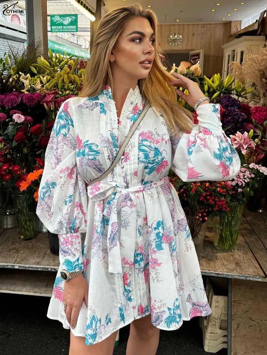 

Oymimi Fashion White Print Women's Dress Elegant Long Sleeve Single Breasted Dresses Casual Lace-Up Pleated Mini Dresses Female