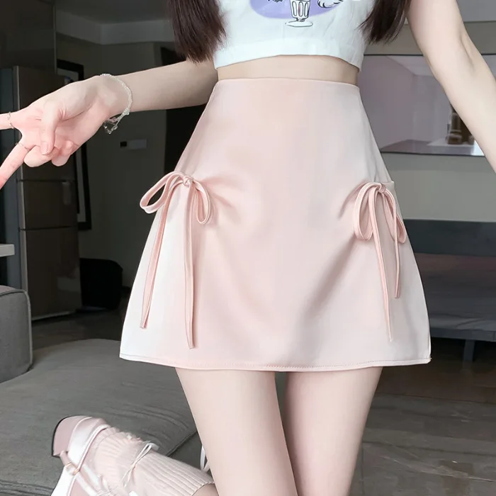 

Satin Midi Skirt High Waist Slimming Bow Knot French A Line Bodycon Skirt
