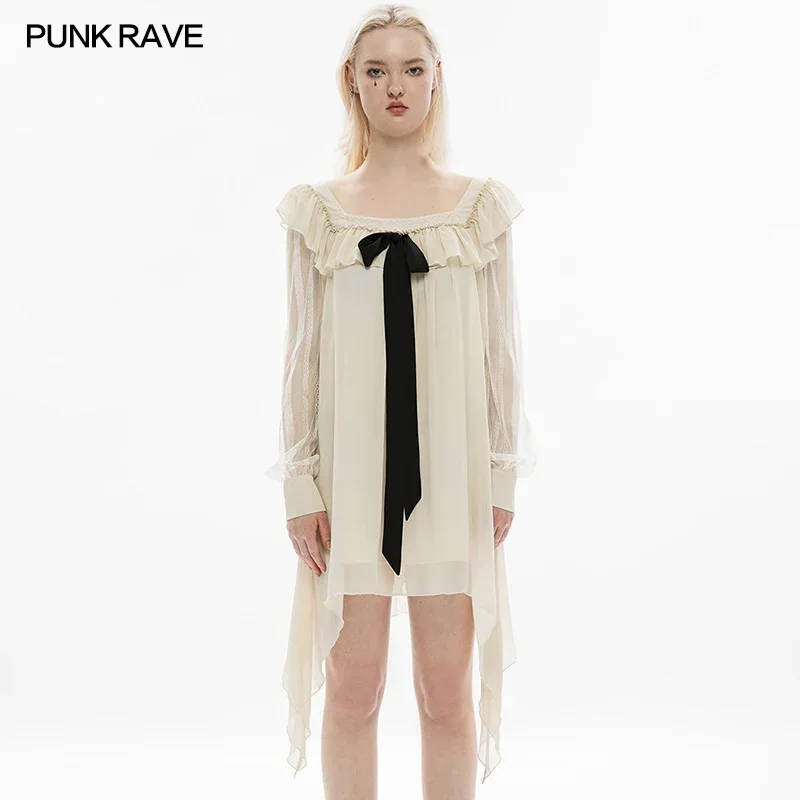 PUNK RAVE Women's A Line Detachable Bow Brooch Loose Ruffle Dress Asymmetrical Sweet Elegant Vintage Square Collar Beige Dresses