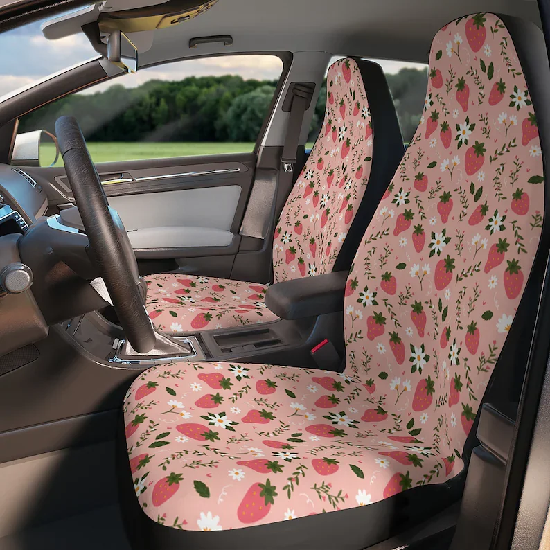 

Cute Strawberry Car Seat Covers , trendy car seat covers, kawaii pink car accessories, pink floral women front seat covers for v