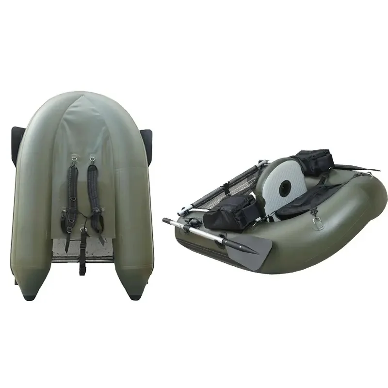 Army Green Belly Boat With Inflatable Seat, 2 Rod Holders, And Storage Pockets For Carp Fishing