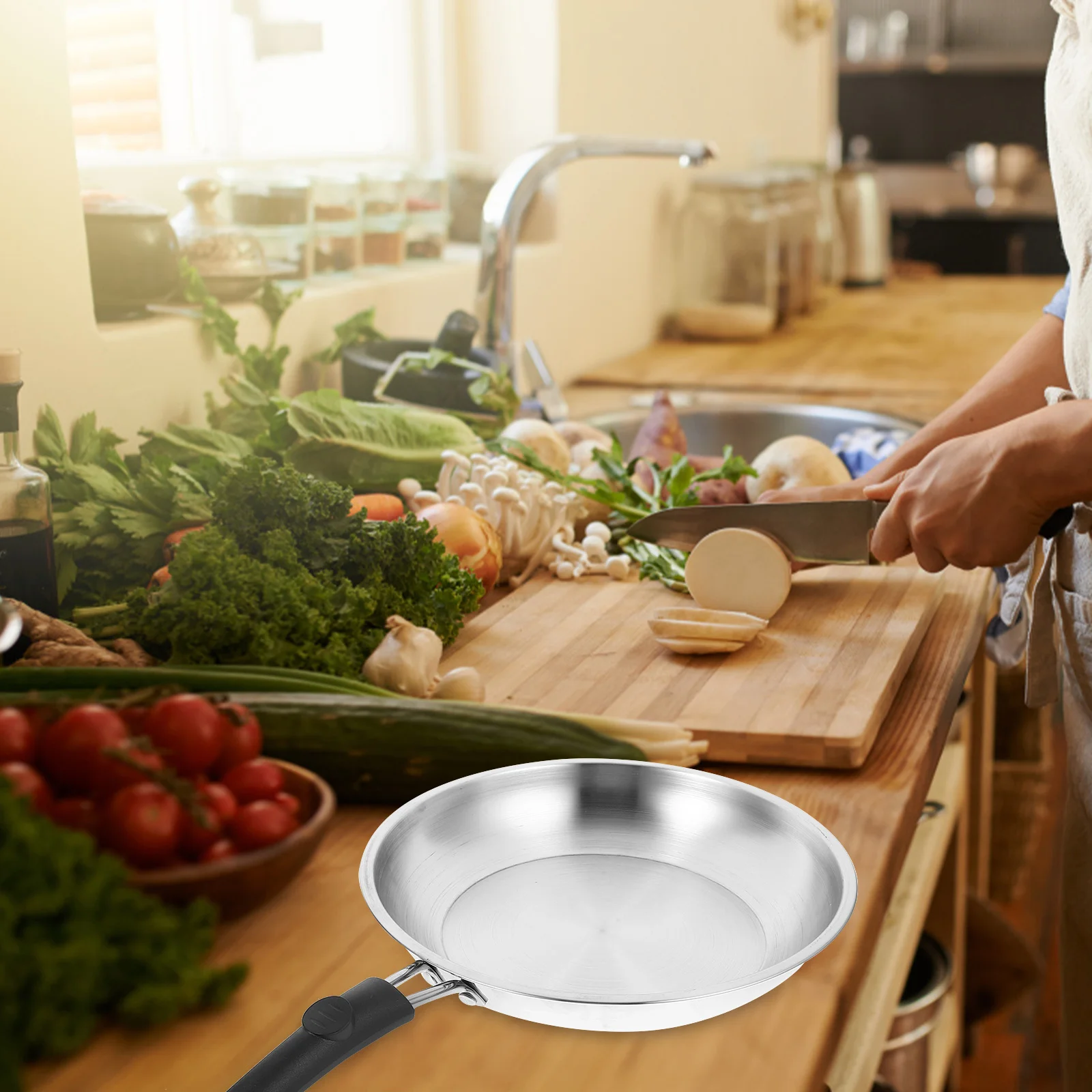 مقلاة من الفولاذ المقاوم للصدأ، مقلاة مسطحة غير لاصقة للإفطار، وعاء مستدير، مقالي غير لاصقة للطبخ، مقلاة عميقة للمطبخ #3