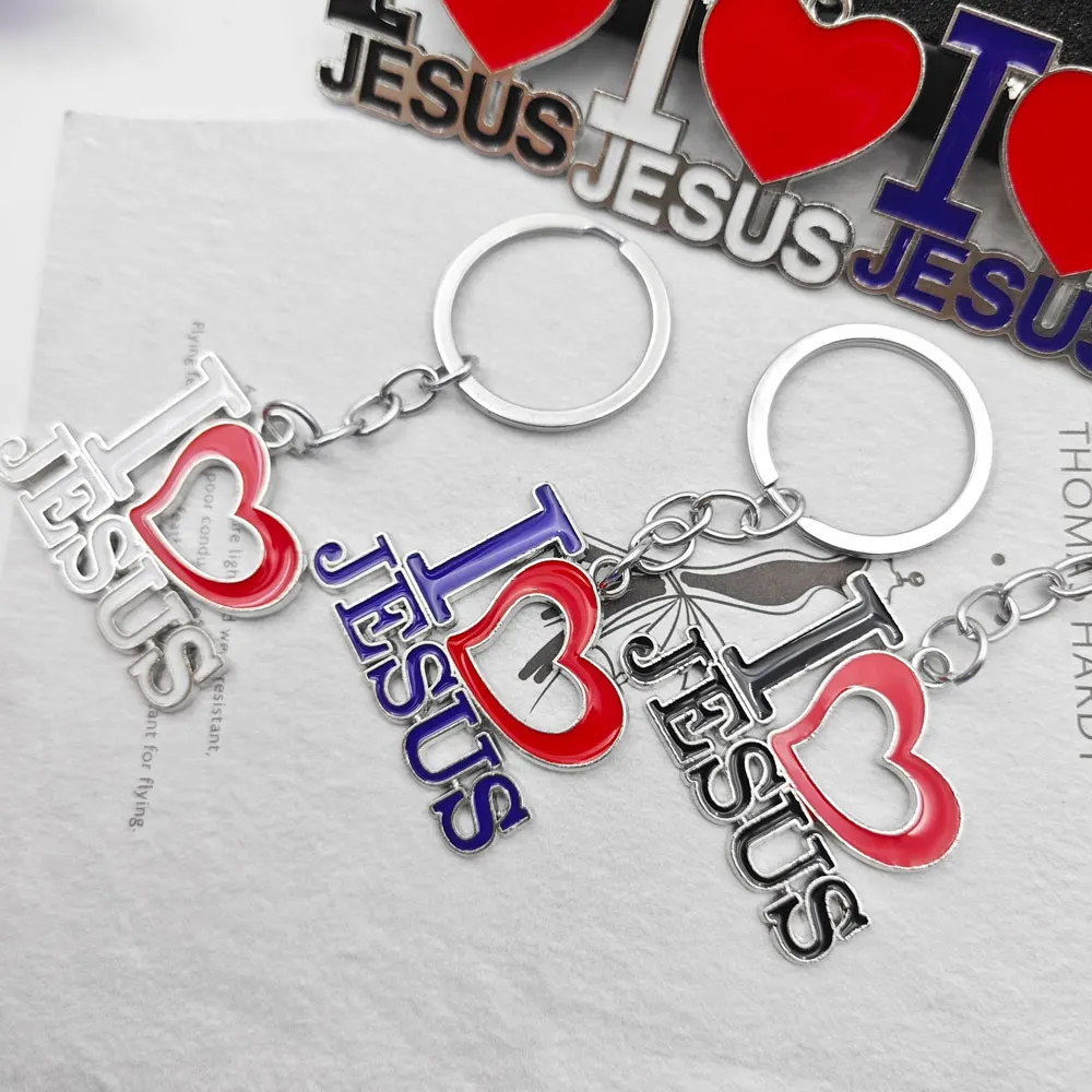 

Originality Color Metal Keychain Personalization I Love Jesus Backpack Pendant Keyring Car Moto Red Heart Key Chain Ring Gift
