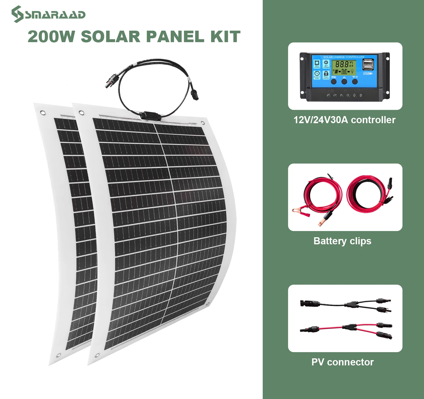 200W Flexible Solar Panel 100W 2 Pieces MPPT Controller and Cable Set for Camping Trips Waterproof  Mono Solar Panel