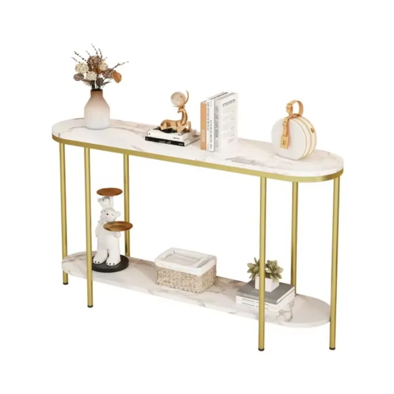 Modern two-story oval porch table with white faux marble countertop and gold metal frame, 42.1 x 11.4 with open shelving