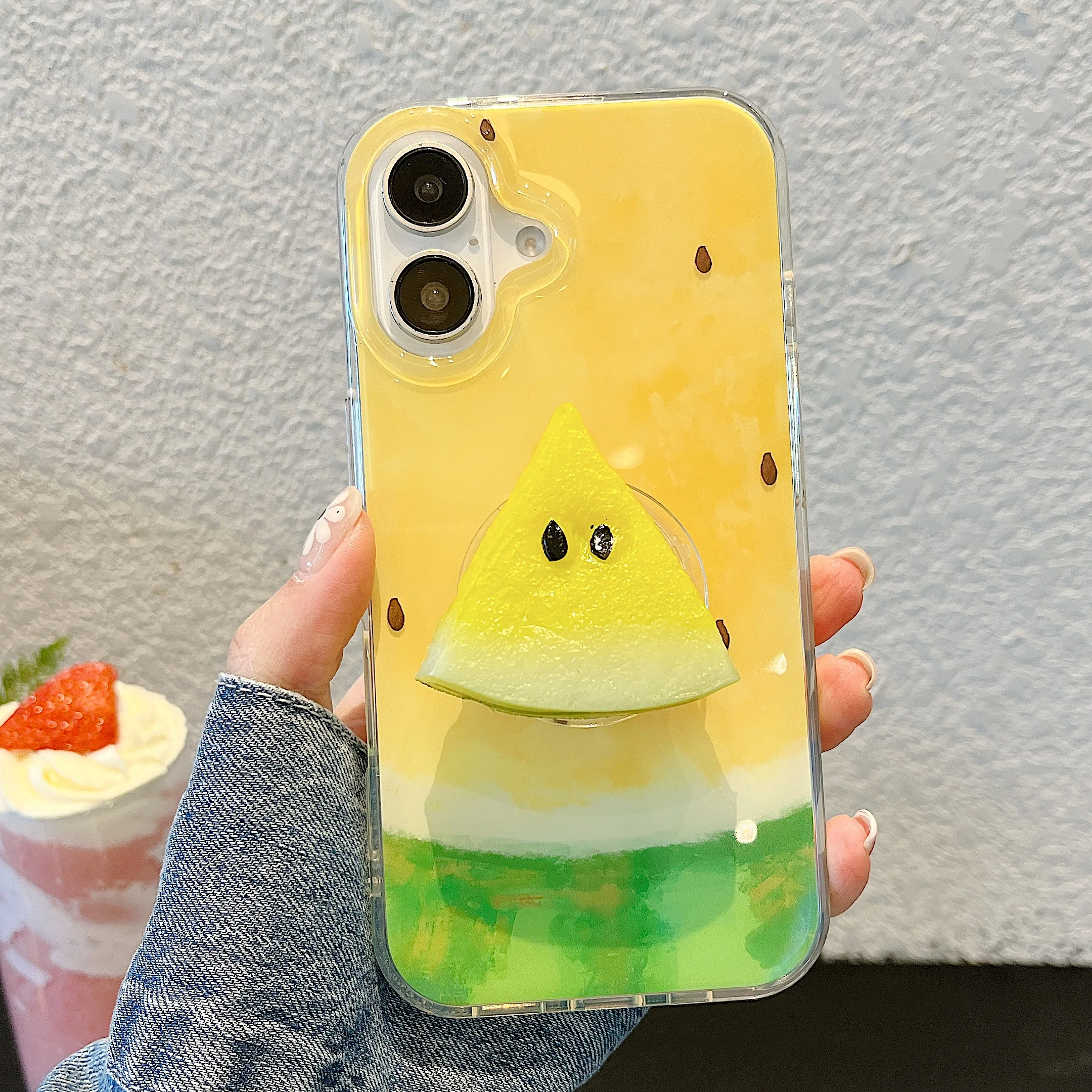 

Cute IMD Yellow Watermelon Summer Phone Case for iPhone 13 14 15 16 Pro Max Creative Folding Bracket Kickstand Back Cover Coque