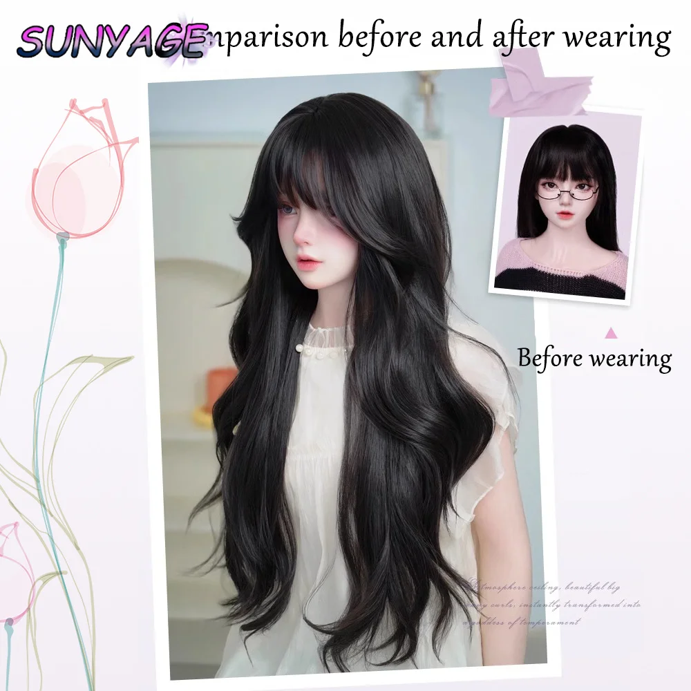 SUNYAGE wig sintetik panjang keriting, gelombang dengan hitam untuk wanita keren coklat harian Cosplay rambut palsu tahan panas