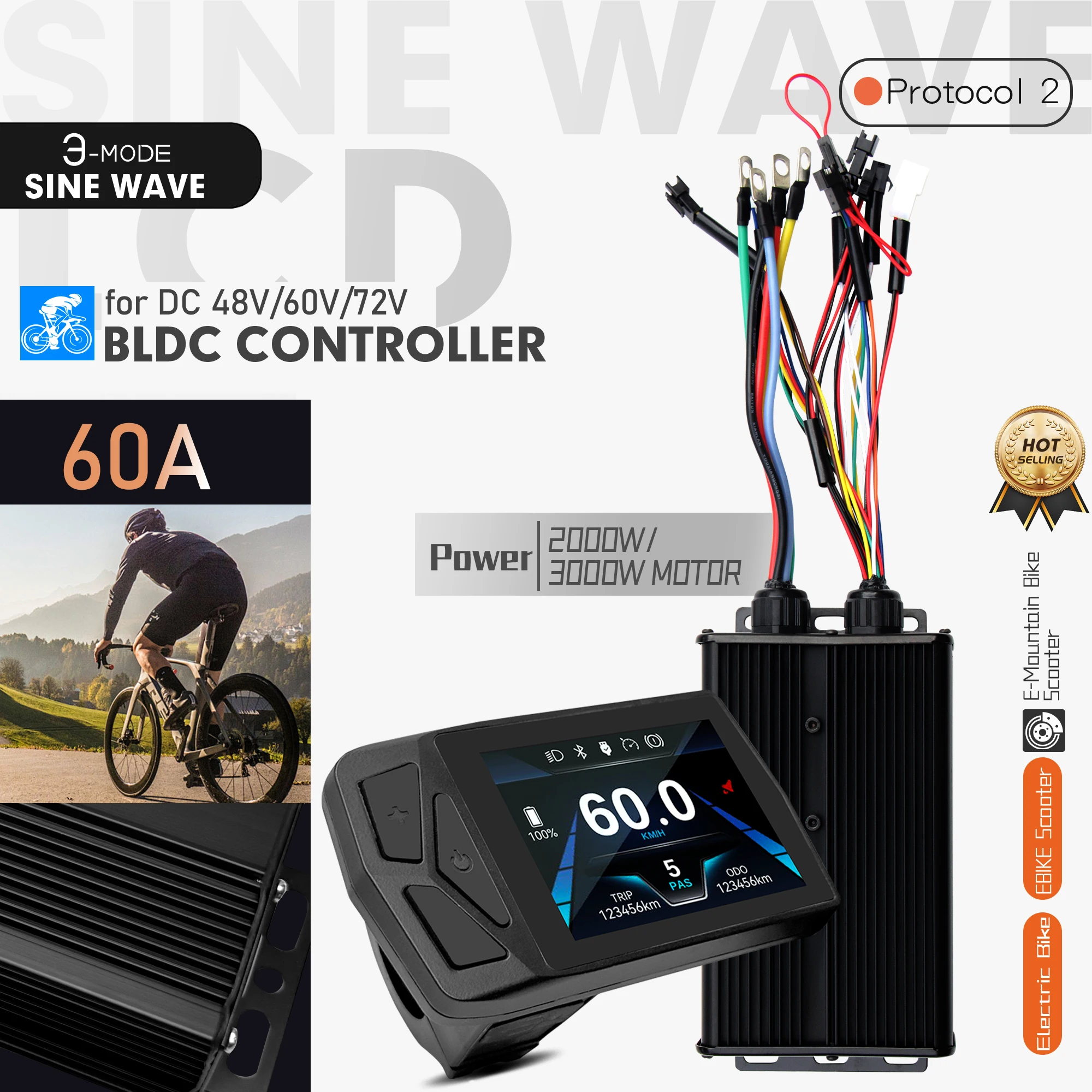 

Контроллер для электровелосипеда с синусоидальным и прямоугольным сигналом, 60А, трехрежимный, 48В/60В/72В, с функцией ограничения скорости, цветной ЖК-дисплей T24, 2000Вт/3000Вт