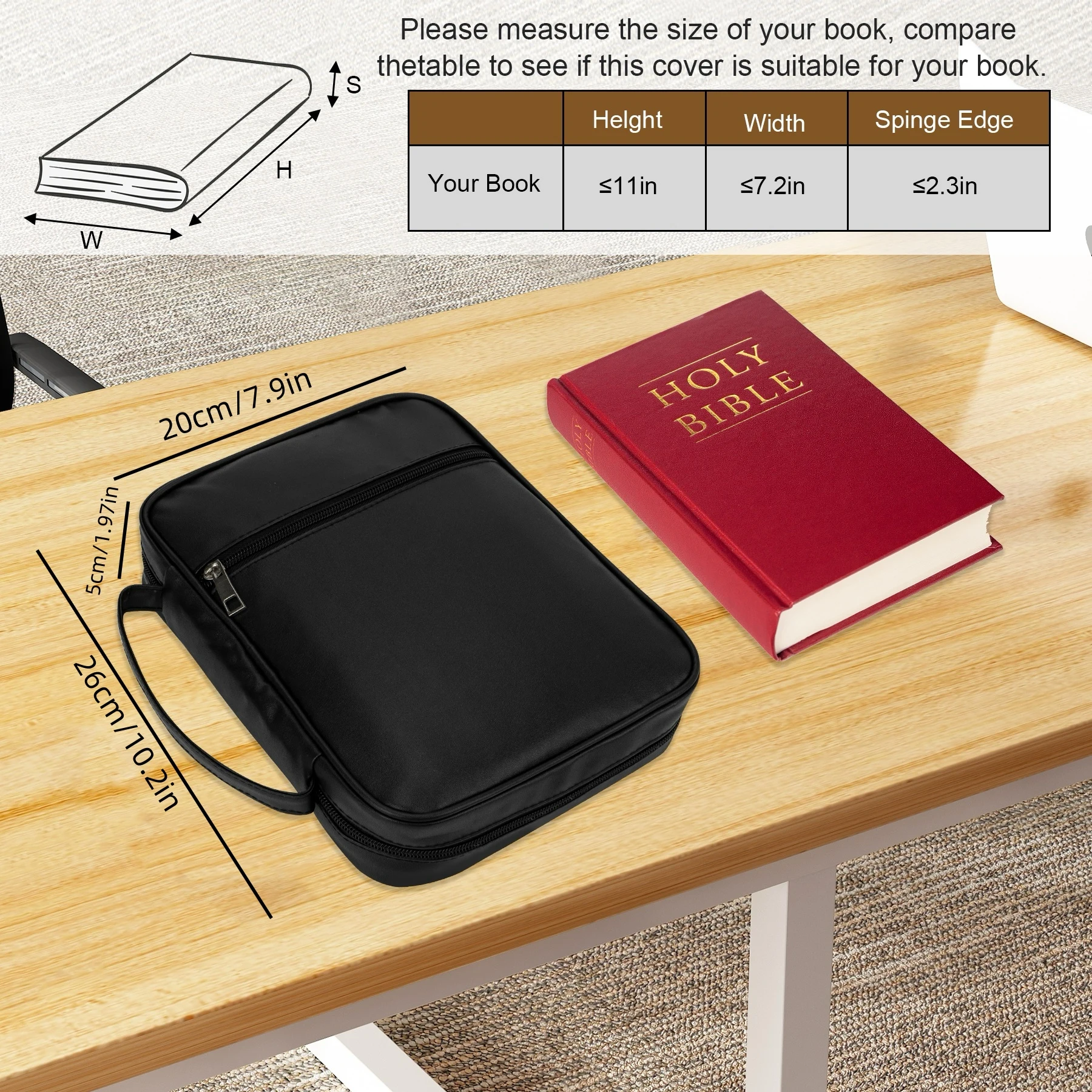 Black Leather Bible Cover with Handle & Zipper Pocket Large Capacity Christian Book Bag Organizer Church Travel Gift